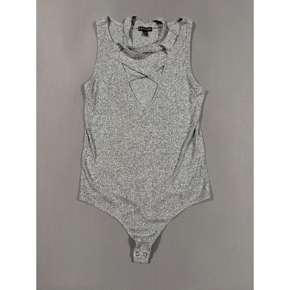 EXPRESS Gray Ribbed Knit Criss Cross Choker Neck Sleeveless Thong Bodysuit Sz L